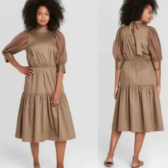 💫 Host Pick 💫Prologue Coffee Brown 3/4 Sheer Sleeve Prairie Midi Dress XXL NWT - Picture 2 of 4